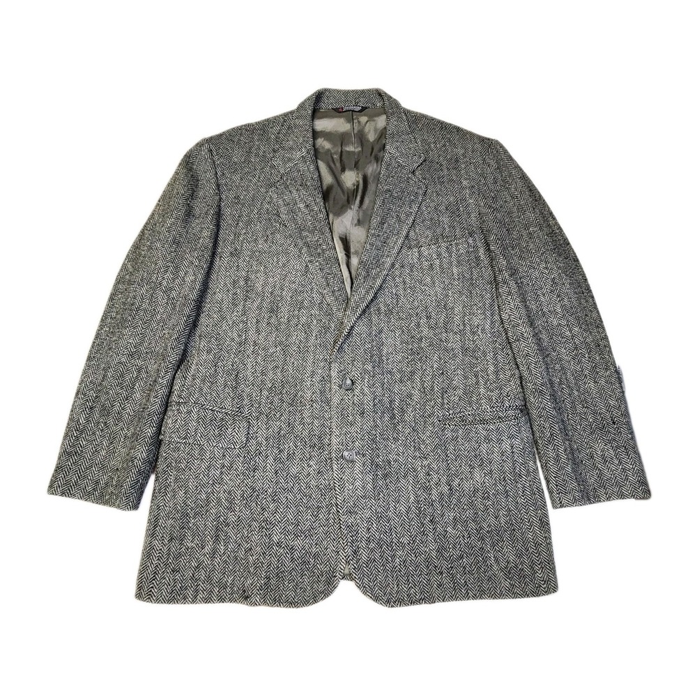 Vintage 80s Harris Tweed Blazer Mens 44 46 Gray Herringbone Wool USA Sport Coat